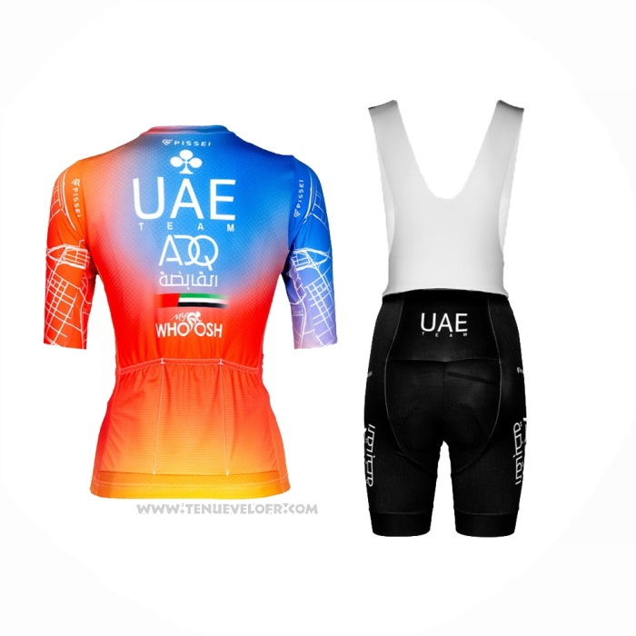2024 Maillot Cyclisme Femme UAE Bleu Orange Manches Courtes Et Cuissard